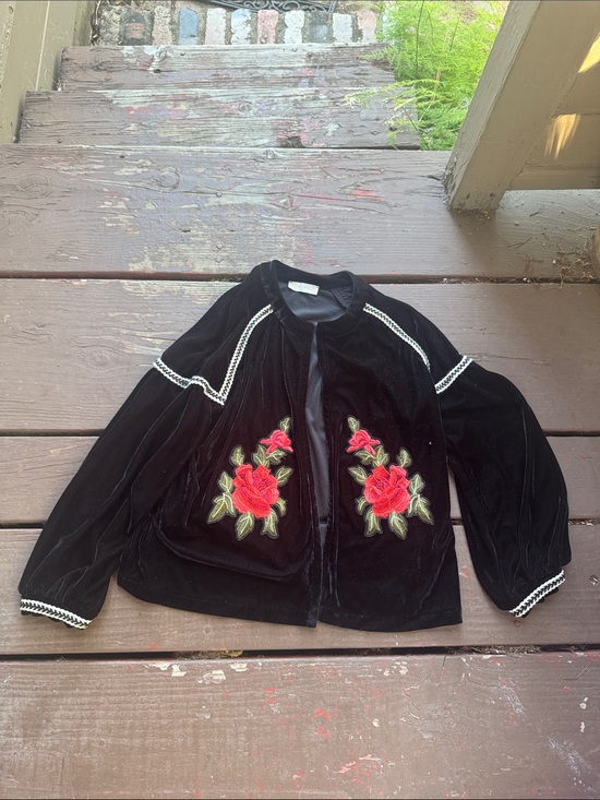 Elodie Jackets & Blazers - Elodie Black Velvet Jacket with Red Rose Embroidery
